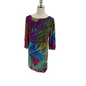 Trina Turk Kerry Silk Shift Mini Dress Size 2 Peacock Feather Resortcore Boho